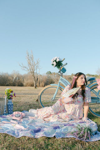 Pink Floral Puff Sleeve Midi Dress