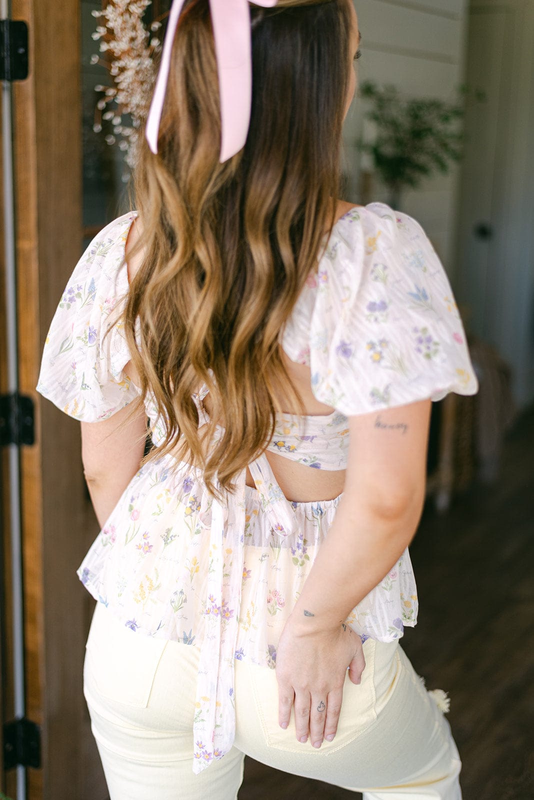 White Floral Tie Back Blouse