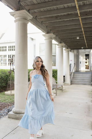 Sky Blue Rose Halter Neck Midi Dress