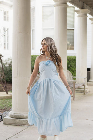 Sky Blue Rose Halter Neck Midi Dress