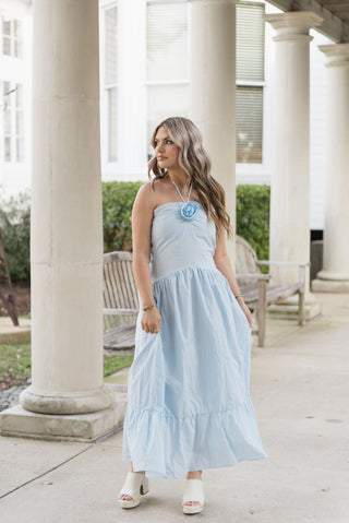 Sky Blue Rose Halter Neck Midi Dress