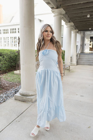 Sky Blue Rose Halter Neck Midi Dress