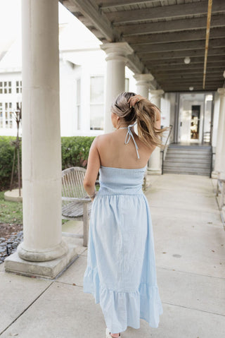 Sky Blue Rose Halter Neck Midi Dress