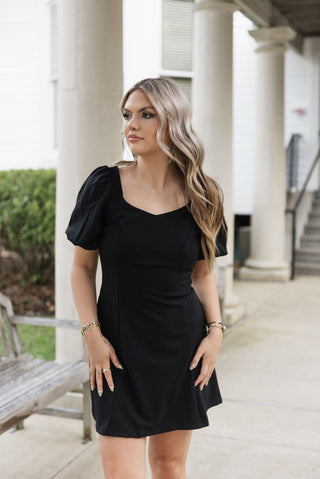 Black Short Sleeve Flare Mini Dress