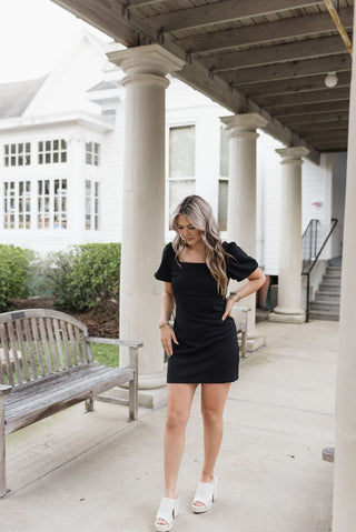 Black Short Puff Sleeve Mini Dress