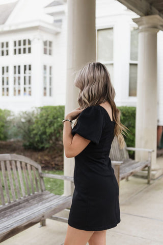 Black Short Puff Sleeve Mini Dress