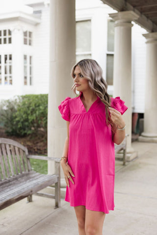 Hot Pink Ruffle Sleeve V-Neck Mini Dress