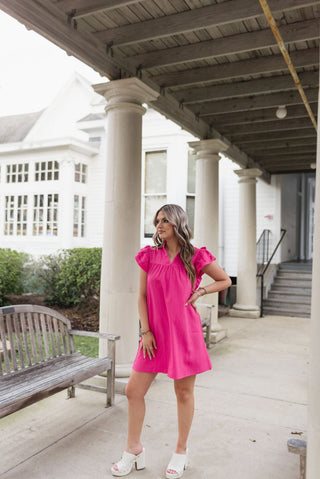 Hot Pink Ruffle Sleeve V-Neck Mini Dress