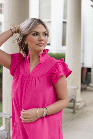 Hot Pink Ruffle Sleeve V-Neck Mini Dress