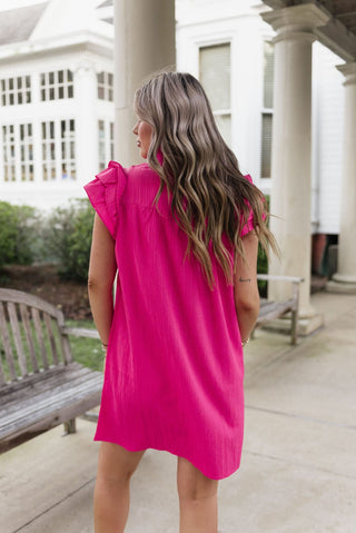 Hot Pink Ruffle Sleeve V-Neck Mini Dress