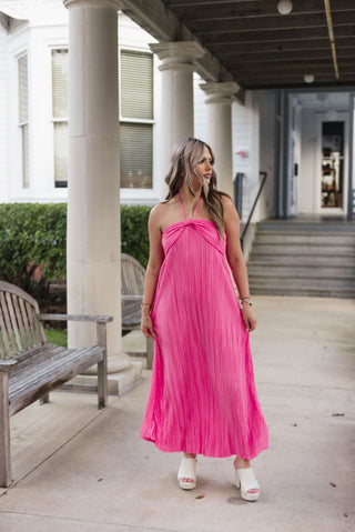 Fuchsia Pleated Halter Maxi Dress