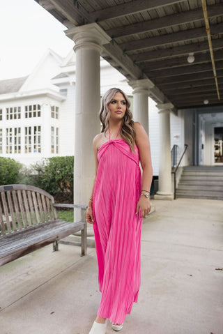 Fuchsia Pleated Halter Maxi Dress