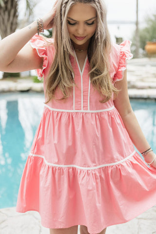 Pink Ruffle Sleeve Tiered Dress