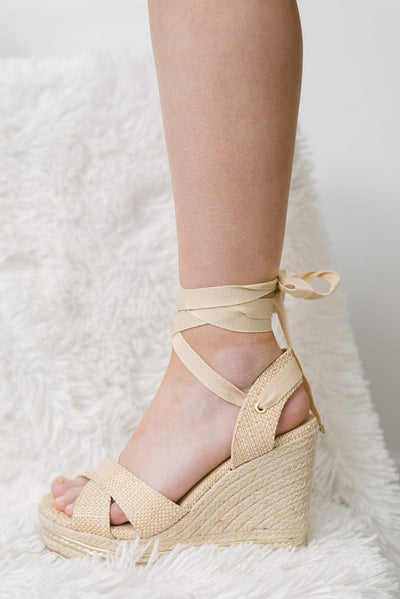 Tan Woven Espadrille Lace Up Wedges