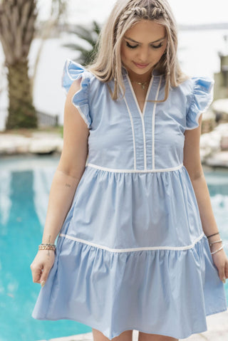 Sky Blue Ruffle Sleeve Tiered Dress