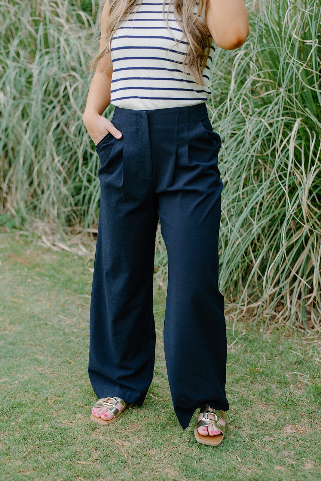 Navy Pleated High Waisted Trousers
