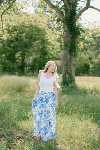 Blue & White Floral Wrap Maxi Skirt