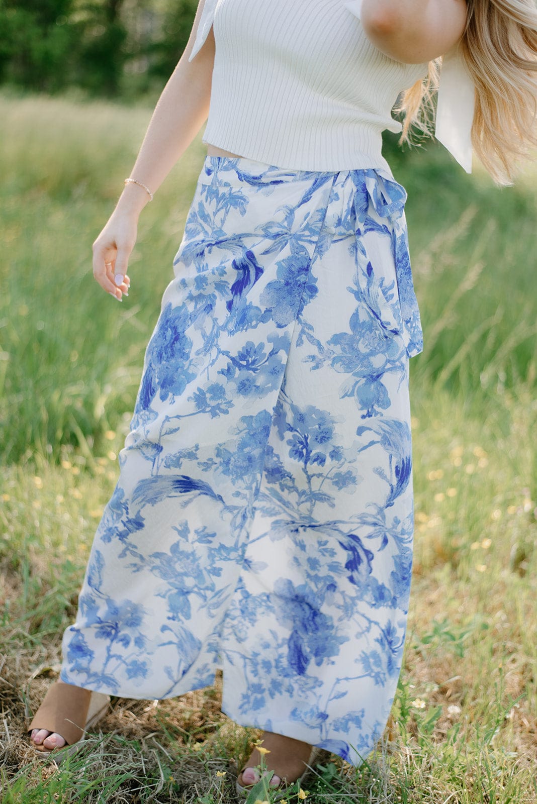 Blue & White Floral Wrap Maxi Skirt