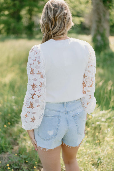 White Lace Sleeve Knit Top