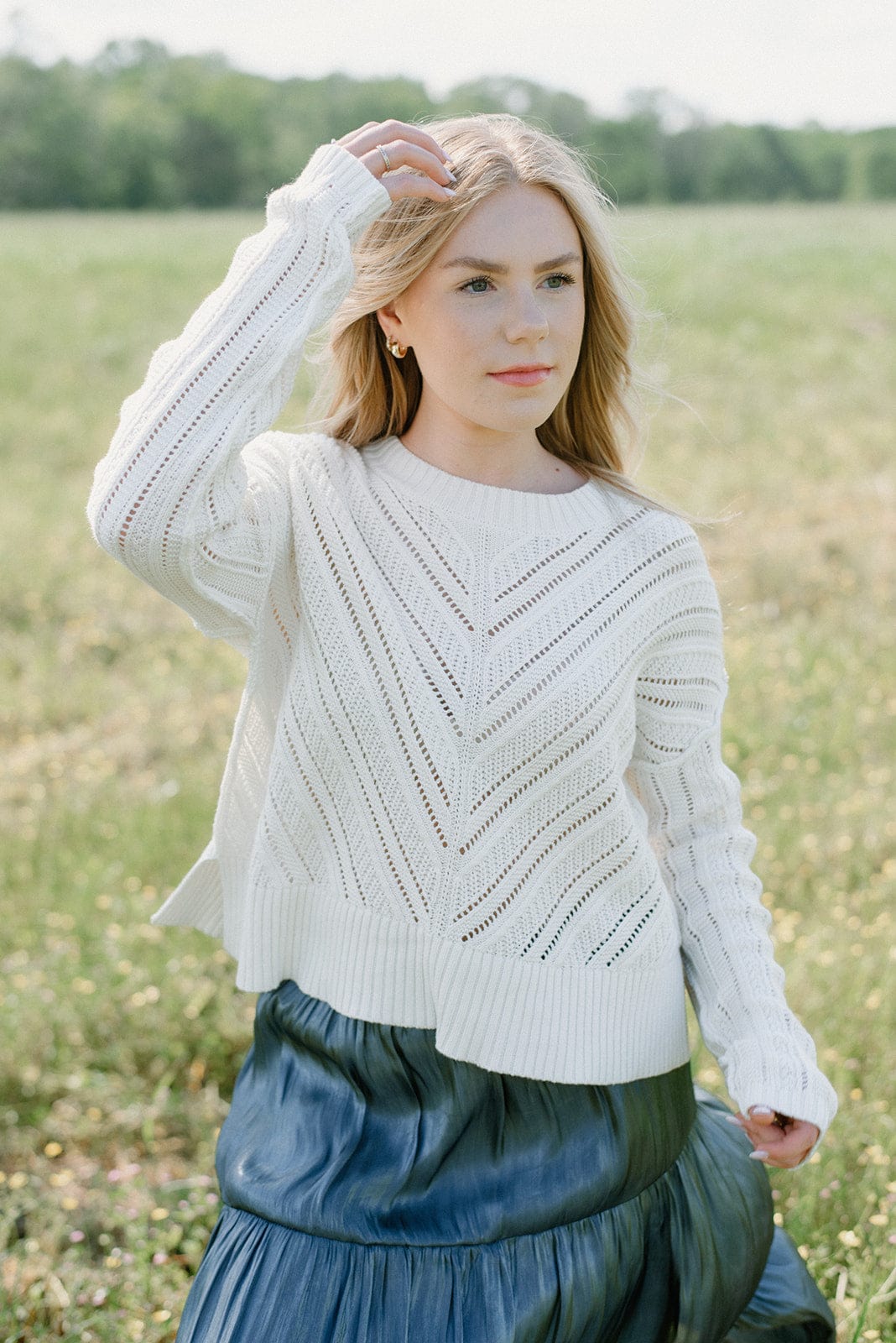 White Pointelle Knit Sweater