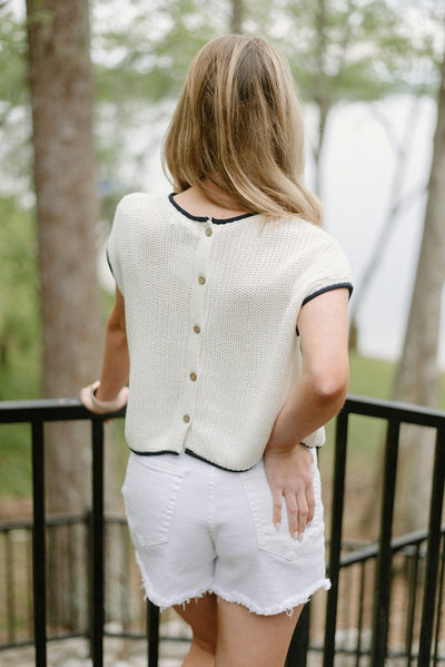 White Knit Contrast Detail Top