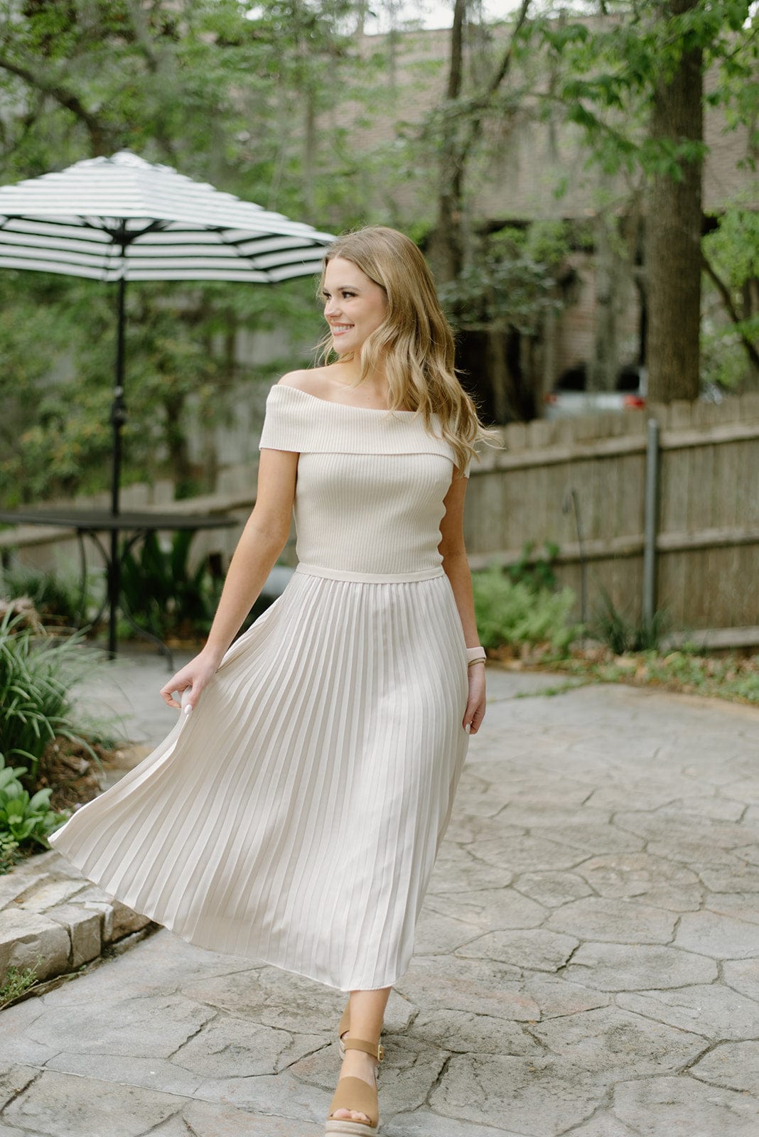 Beige Off The Shoulder Pleated Midi