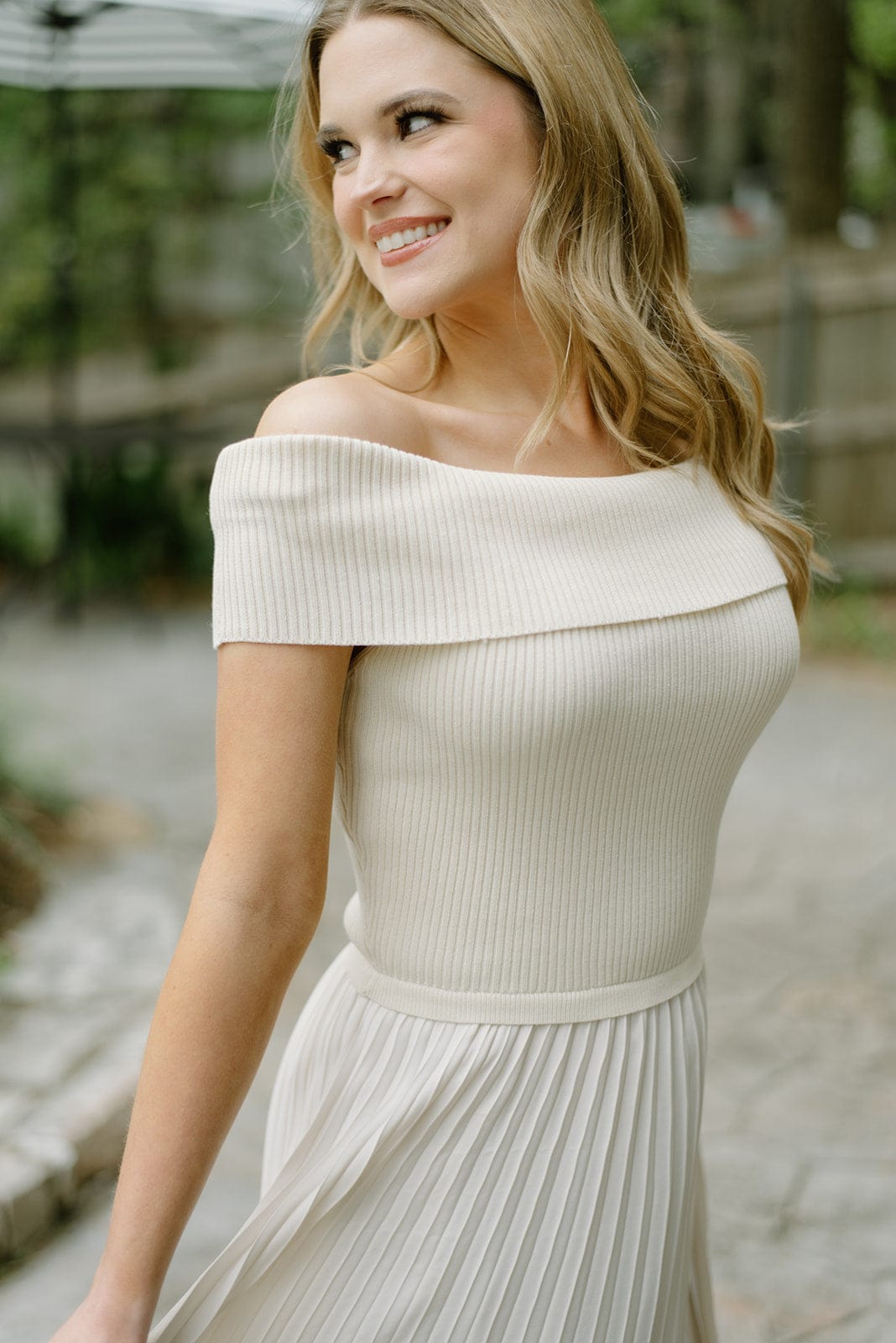 Beige Off The Shoulder Pleated Midi