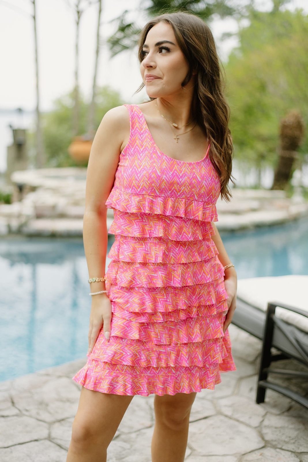 Lulu B Pink Print Sleeveless Ruffle Dress