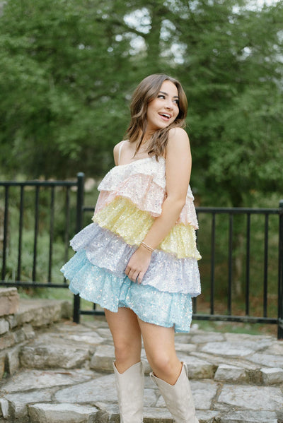 Pastel Sequin Tiered Ruffle Dress