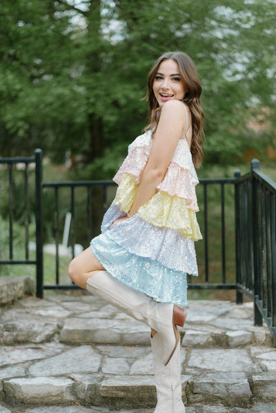 Pastel Sequin Tiered Ruffle Dress