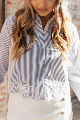 White & Black Striped Embroidered Blouse
