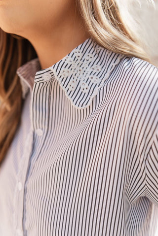 White & Black Striped Embroidered Blouse