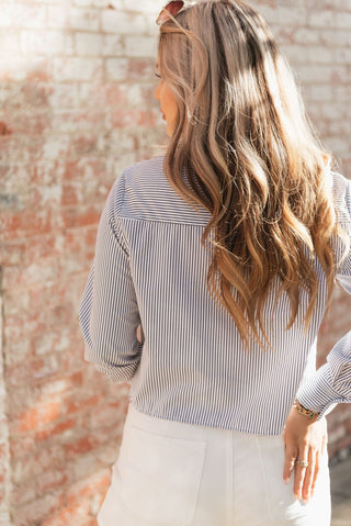 White & Black Striped Embroidered Blouse