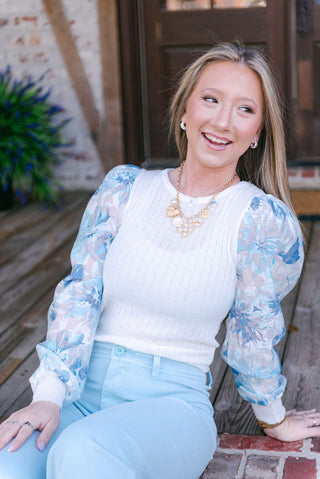 Blue Floral Sleeve Knit Top