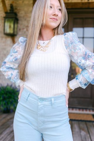 Blue Floral Sleeve Knit Top