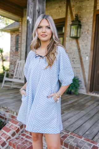 Blue Striped Seersucker Flowy Romper