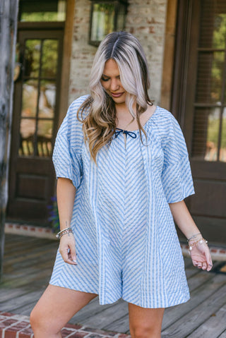 Blue Striped Seersucker Flowy Romper