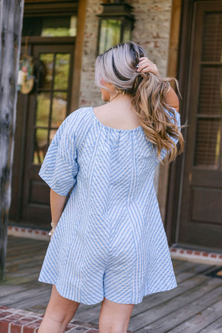 Blue Striped Seersucker Flowy Romper