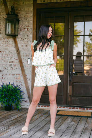 Green Floral Shoulder Tie Romper