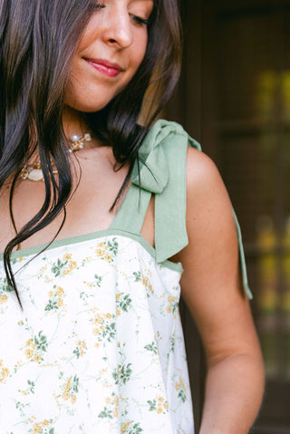 Green Floral Shoulder Tie Romper