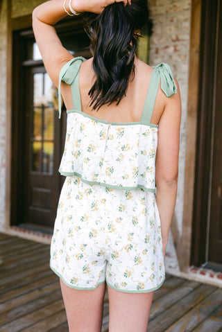 Green Floral Shoulder Tie Romper