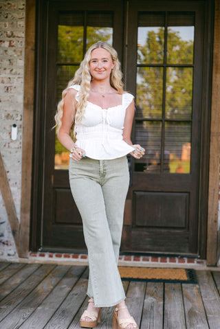 White Ruffle Trim Tie Front Top
