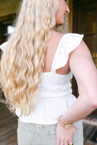 White Ruffle Trim Tie Front Top