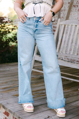 Light Wash Wide Leg Cuffed Jeans