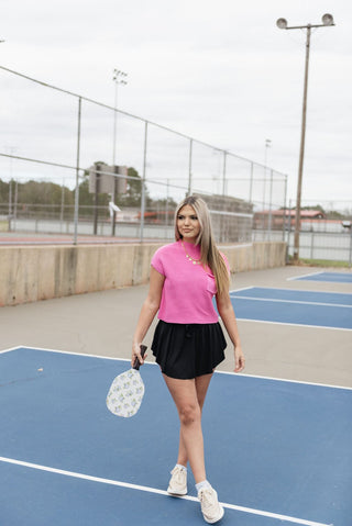 Pink Mock Neck Short Sleeve Knit Top