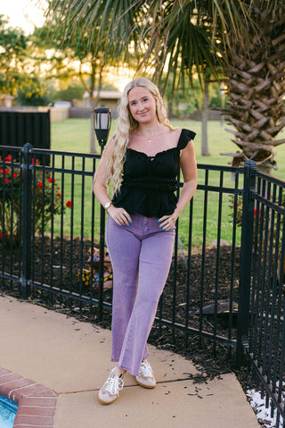 Black Ruffle Trim Tie Front Top