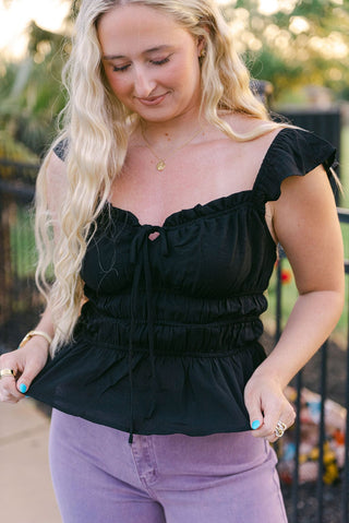 Black Ruffle Trim Tie Front Top
