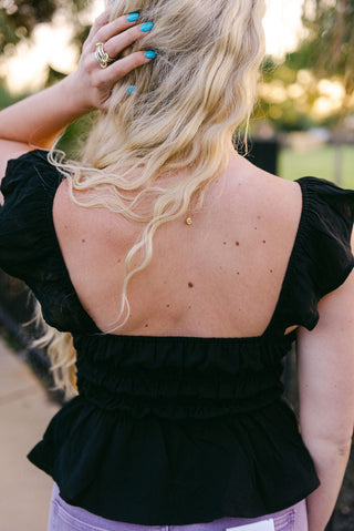 Black Ruffle Trim Tie Front Top