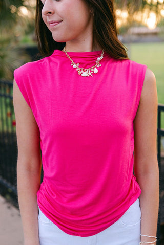 Hot Pink Fitted Ruch Detail Sleeveless Top