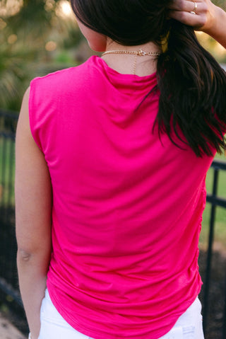 Hot Pink Fitted Ruch Detail Sleeveless Top